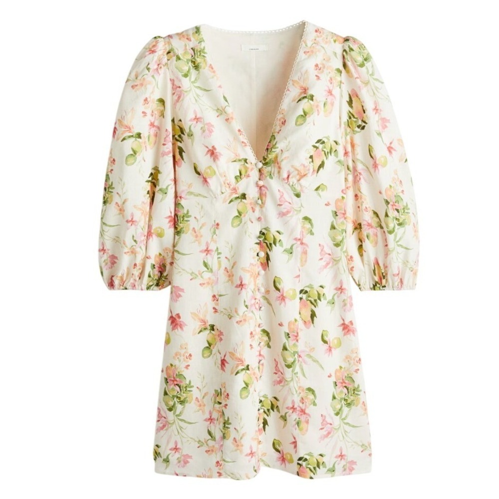 H&M Linen Blend Floral Citrus Puff Sleeve Button Front Mini Dress Cream XL - Picture 3 of 13